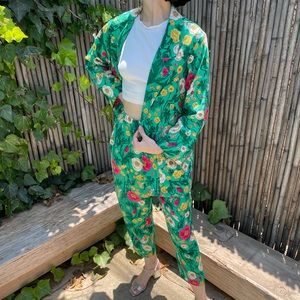 Boxy Teal Floral Print Suit Jacket with Tapered Pants Set